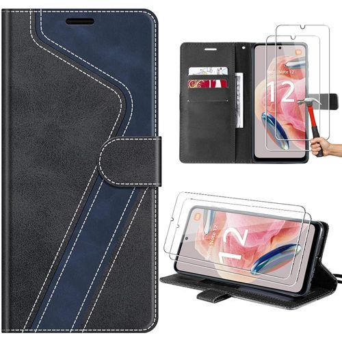 Coque + 2 Verres Trempés Pour Xiaomi Redmi Note 12 4g En Simili Cuir À Motif Epissé Avec Support - Noir (Pas Pour Redmi 12) - E.F.Connection