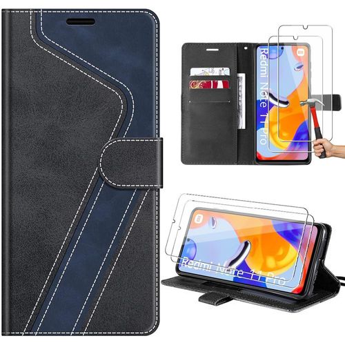 Coque Pour Xiaomi Redmi Note 12 Pro 4g, Note 11 Pro 4g/5g En Simili Cuir À La Mode Avec Support, Noir + 2 Verres Trempés - E.F.Connection
