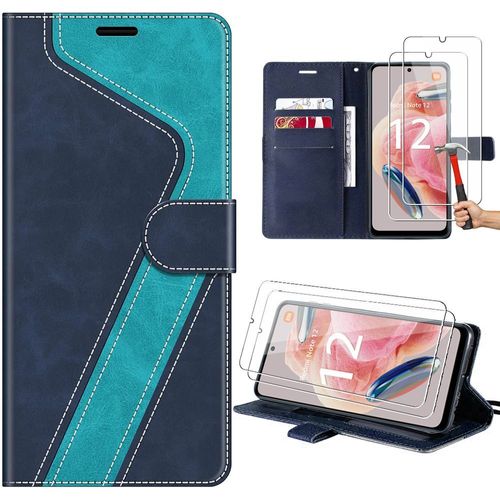 Coque + 2 Verres Trempés Pour Xiaomi Redmi Note 12 4g En Cuir Pu Avec Béquille,À La Mode - Bleu (Pas Pour Redmi 12) - E.F.Connection