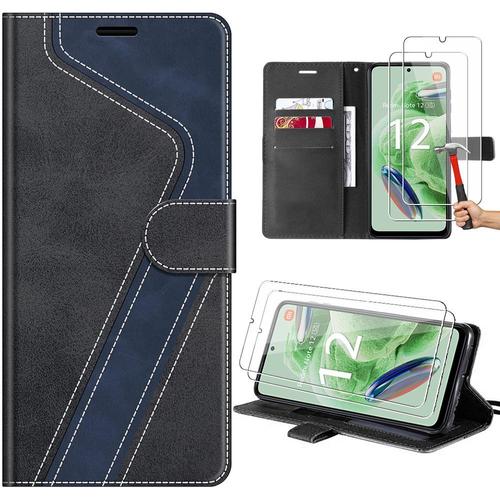 Coque Pour Xiaomi Redmi Note 12 5g Avec 2 Verres Trempés, Noir, Protection Folio Epissé En Cuir Pu Avec Béquille (Pas Pour Redmi 12) - E.F.Connection