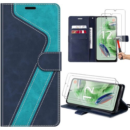 Coque Pour Xiaomi Redmi Note 12 5g Avec 2 Verres Trempés, Bleu, Protection Effet Cuir Avec Porte-Cartes (Pas Pour Redmi 12) - E.F.Connection