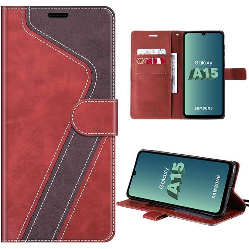 Coque Pour Samsung Galaxy A15 4g/5g, Protection Antichoc En Simili Cuir Rouge À Style Epissé, Avec Fentes Pour Cartes Et Support - E.F.Connection