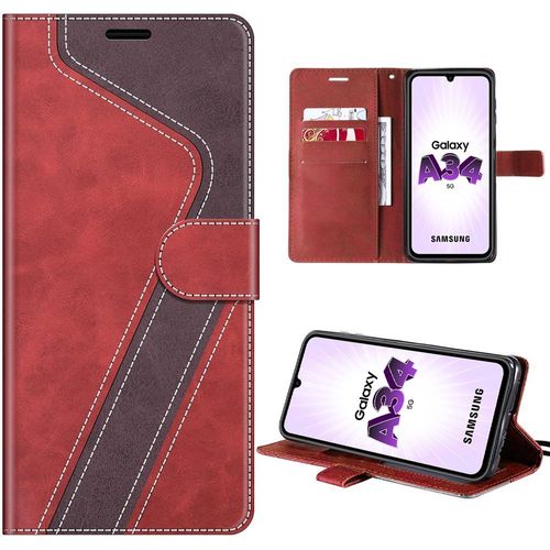 Coque Pour Samsung Galaxy A34 5g, Protection Bicolore À Motif En Simili Cuir Rouge Avec Fentes Pour Cartes Et Béquille Intégrée - E.F.Connection