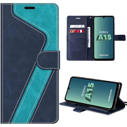 Coque Pour Samsung Galaxy A15 5g/4g, Antichoc Effet Cuir Avec Porte-Cartes Et Support, À Motif Stylisé Bleu - E.F.Connection