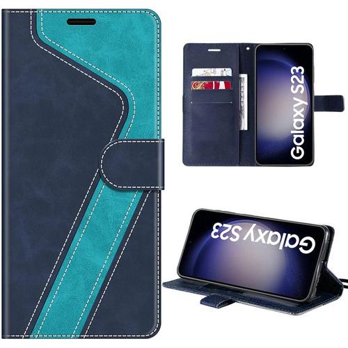 Coque Pour Samsung Galaxy S23, Bleu, Protection Magnétique En Cuir Pu Et Tpu Avec Porte-Cartes Et Support, Motif Abstrait Epissé - E.F.Connection