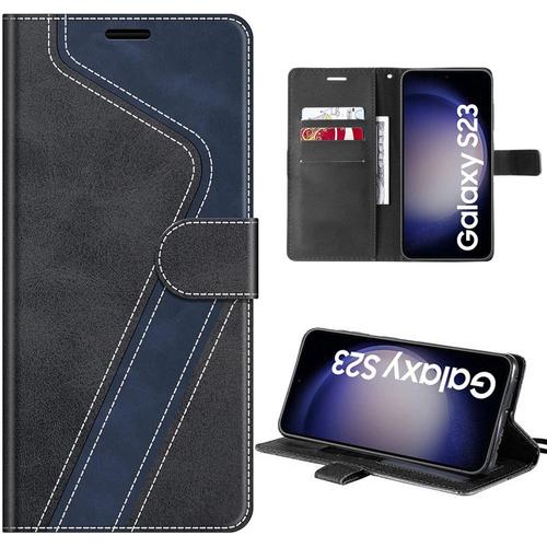 Coque Pour Samsung Galaxy S23, Antichoc En Cuir Pu Avec Fentes Pour Cartes Et Béquille Réglable - Noir/Bleu Marine - E.F.Connection