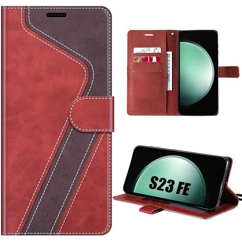 Coque Pour Samsung Galaxy S23 Fe, Protection Antichoc À Motif Epissée En Cuir Pu Rouge/Marron (Pas Pour S23) - E.F.Connection