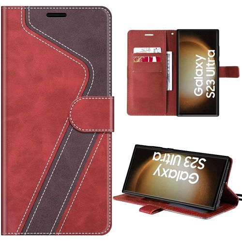 Coque Pour Samsung Galaxy S23 Ultra, Rouge, Protection Bicolore Effet Cuir À Motif Avec Fentes Pour Cartes Et Support (Pas Pour S23) - E.F.Connection