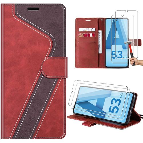 Coque + 2 Verres Trempés Pour Samsung Galaxy A53 5g, Protection Bicolore À Motif En Cuir Pu Avec Poche À Cartes Et Support, Rouge - E.F.Connection
