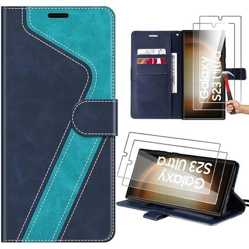 Coque Pour Samsung Galaxy S23 Ultra, Bleu, Protection Folio En Cuir Pu À Motif Avec Fentes Pour Cartes Et Support (Pas Pour S23) - E.F.Connection