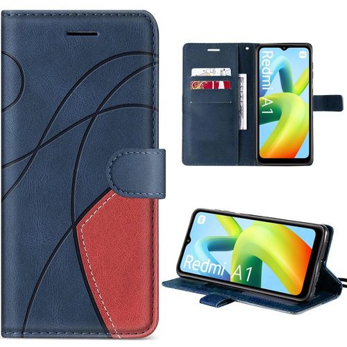 Coque Pour Xiaomi Redmi A1/A2, Bleu Marine-Rouge, Etui Antichoc En Cuir Pu Bicolore Épissé Avec Poche À Cartes Et Béquille - Booling