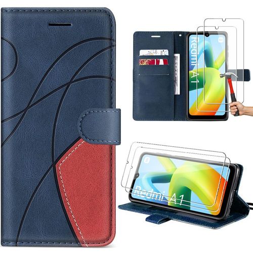 Coque Pour Xiaomi Redmi A1/A2 Avec 2 Verres Trempés, Bicolore Épissé En Cuir Pu Avec Poche À Cartes Et Béquille - Bleu Marine - Booling