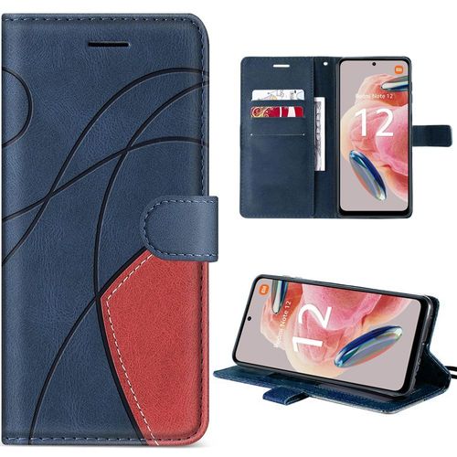 Coque Pour Xiaomi Redmi Note 12 4g, Bleu Marine, Étui Antichoc Effet Cuir Épissé Avec Portefeuille Et Support (Pas Pour Redmi 12) - Booling