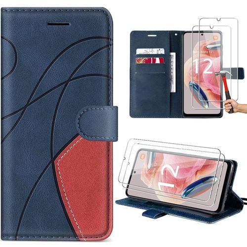 Coque + 2 Verres Trempés Pour Xiaomi Redmi Note 12 4g, Cuir Pu Épissé Avec Porte-Cartes Et Béquille, Bleu Marine(Pas Pour Redmi 12) - Booling