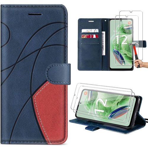 Coque Pour Xiaomi Redmi Note 12 5g, Bleu Marine, Etui Folio Epissé En Cuir Pu Avec Support + 2 Verres Trempés(Pas Pour Redmi 12) - Booling