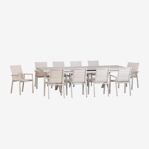Ensemble Table Rectangulaire Extensible (240-300x100 Cm) Et 10 Chaises De Jardin Empilables En Aluminium Karena Blanc Gardenia