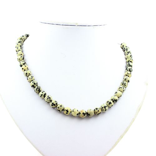 Collier Perles Jaspe Dalmatien 8 Mm Chaine En Acier Inoxydable.