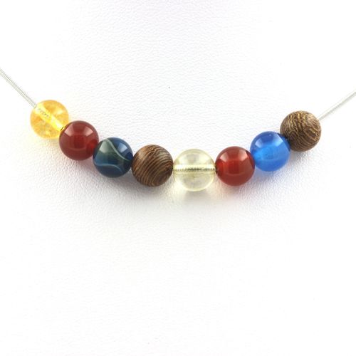 Collier Perles Bois + Agate Rouge + Agate Rubanée Bleu + Citrine 8 Mm Chaine En Acier Inoxydable.