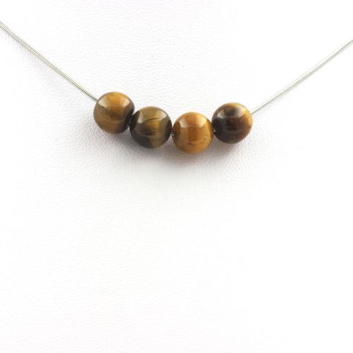 Collier 4 Perles Oeil De Tigre 8 Mm Chaine En Acier Inoxydable.