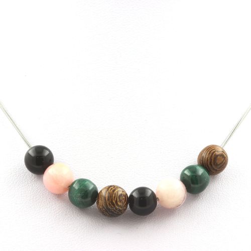 Collier Perles Malachite Du Congo + Obsidienne Noire + Opale Rose + Chaine En Acier Inoxydable.