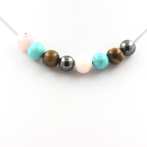 Collier Perles Hématite + Turquoise + Oeil De Tigre + Opale Rose 8 Mm Chaine En Acier Inoxydable.