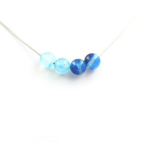 Collier 4 Perles Agate Rubanée Bleu 8 Mm Chaine En Acier Inoxydable.