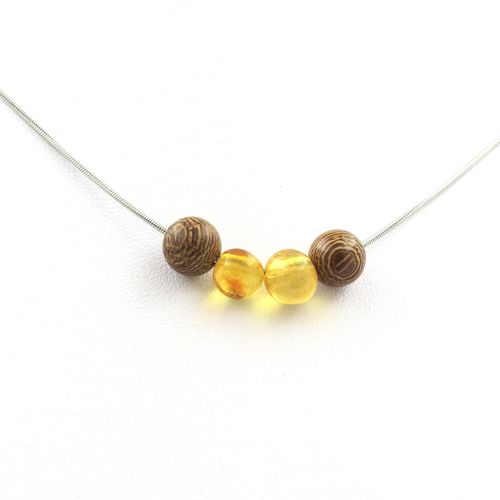 Collier 4 Perles Bois 8 Mm + Ambre Véritable De La Mer Baltique Chaine En Acier Inoxydable.
