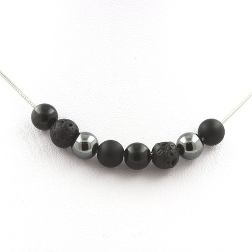 Collier Perles Hématite + Lave + Onyx Noir Mat + Obsidienne Noire 8 Mm Chaine En Acier Inoxydable.