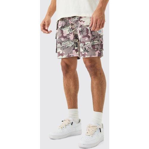 Woven Tab Bandanna Camo Relaxed Cargo Shorts Homme - Taupe - 28, Taupe
