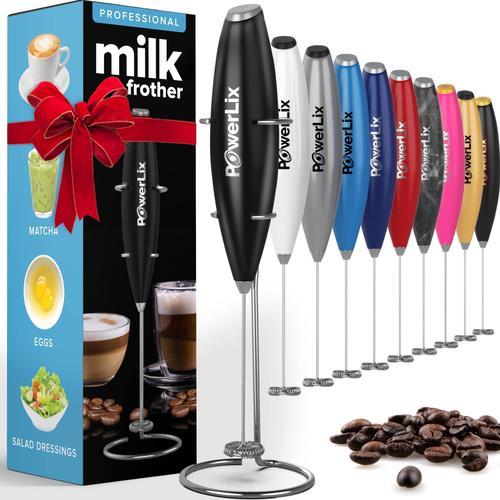 PowerLix Mousseur à Lait Électrique à Piles - Mousseur Lait avec support en acier inoxydable,15-20s,puissant 19 000 tr/min,mini mousseur à café pour latte,cappuccino,chocolat chaud,noir métallique