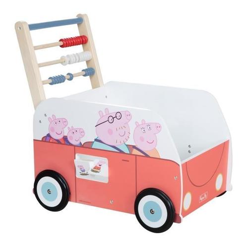Trotteur Bébé Peppa Pig - Bus Et Chariot Enfant - Horloge Boulier Et Éléments À Tourner - Bois Rose - Blanc