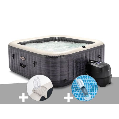 Kit spa gonflable Intex PureSpa Ardoise carré Bulles 4 places + Porte-verre + Aspirateur