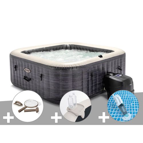 Kit spa gonflable Intex PureSpa Ardoise carré Bulles 6 places + Kit d'entretien + Porte-verre + Aspirateur