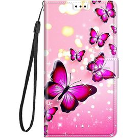 Coque Cuir Pour Huawei Honor 9 Lite Etui A Rabat Motif Dessin Pour Filles Femmes, Portefeuille Housse Avec Case 360 Degres Silicone Antichoc Protection Cover Cuir - Papillon Rose