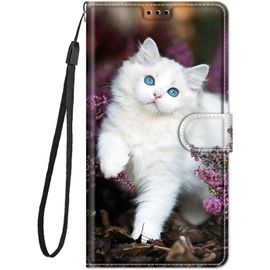 Coque Cuir Pour Huawei Honor 9 Lite Etui A Rabat Motif Dessin Pour Filles Femmes, Portefeuille Housse Avec Case 360 Degres Silicone Antichoc Protection Cover Cuir - Chat Blanc