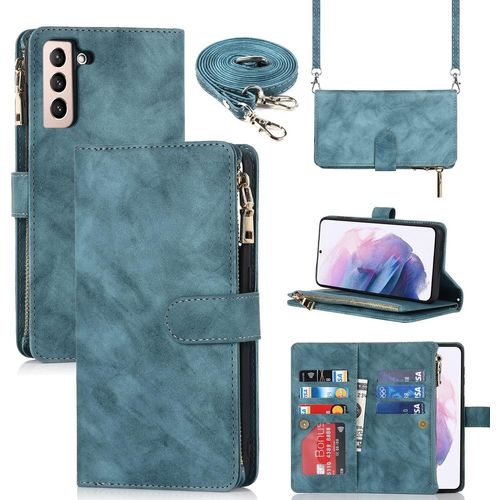 Coque Samsung S21 Plus 5g Avec Cordon,Collier Flip Portefeuille Etui En Cuir,[9 Porte Cartes][Double Fermeture Magnetique],Clapet Housse Etui Rabat Pour Samsung Galaxy S21 Plus 5g - Bleu Clair