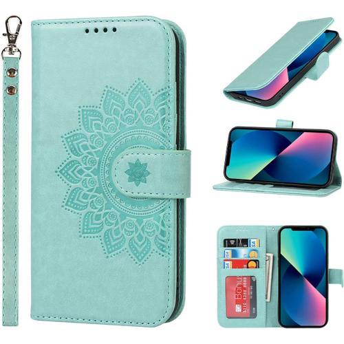 Etui Coque Pour Iphone 13, Fentes Pour Cartes Protection Etui Housse En Cuir Pu Pochette Fermeture Magnetique Etui Portefeuille Pour Iphone 13 (6.1 Pouces) - Menthe Verte