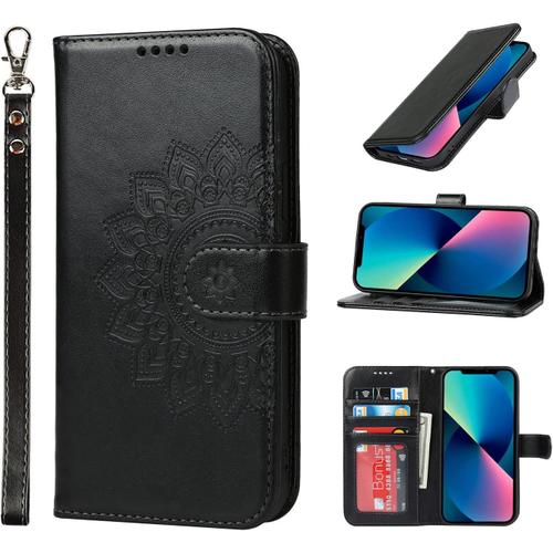 Etui Coque Pour Iphone 13, Fentes Pour Cartes Protection Etui Housse En Cuir Pu Pochette Fermeture Magnetique Etui Portefeuille Pour Iphone 13 (6.1 Pouces) - Noir