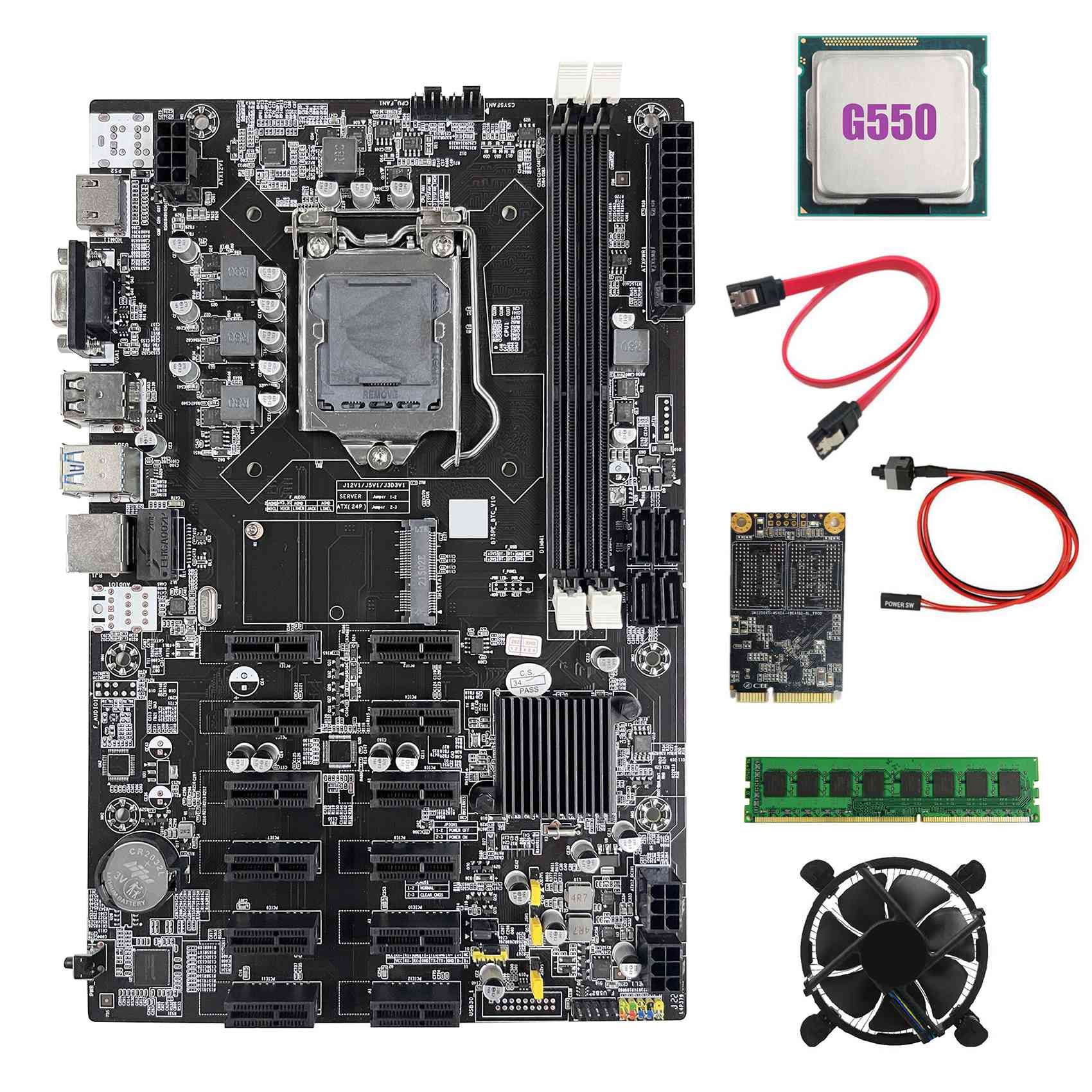 B75 12 PCIE ETH Mining Carte MèRe + G550 CPU + DDR3 4 Go 1600 Mhz RAM + 128 Go SSD + Ventilateur + Câble SATA + Switch Cable Miner Carte MèRe