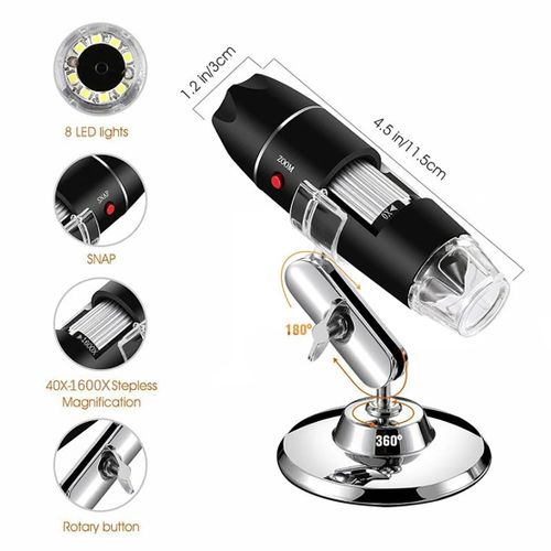Microscope USB 3 en 1 Grossissement 1600X Mini Endoscope de Microscope Portable à 8 LED avec TêTe de Conversion TYPE-C
