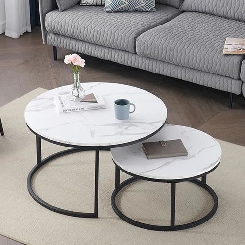 Table Basse Scandinave Table D'appoint Gigogne Ensemble De 2, Surface En Bois Massif Marbré Et Pieds En Métal