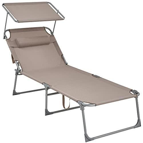 Chaise Longue Bain De Soleil Transat Grand Modèle 71 X 200 X 38 Cm Charge 150 Kg Appui-Tête Dossier Et Parasol Inclinables Pliable Pour Jardin Taupe Helloshop26 12_0001709