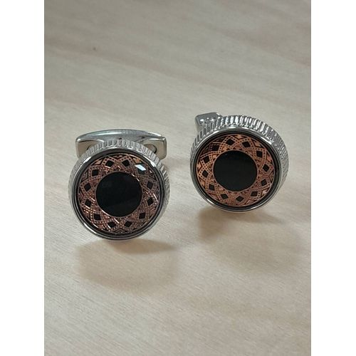 Boutons De Manchettes En Forme De Disque De Couleur Argentée Avec Motif Cuivré Et Noir