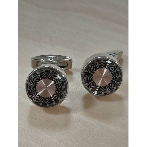 Boutons De Manchettes En Forme De Disque De Couleur Argentée Avec Motif Cuivré Et Noire .