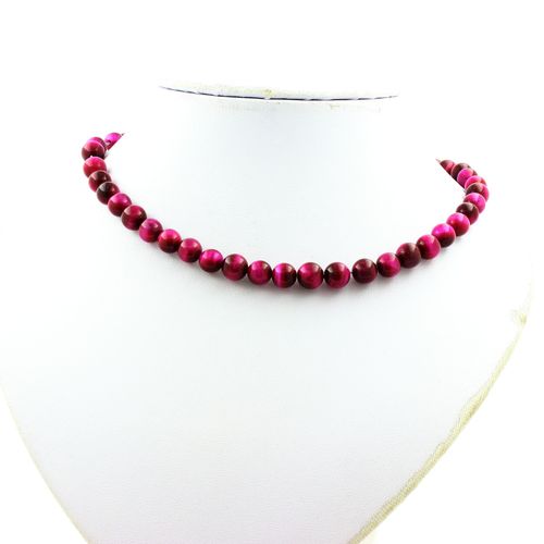 Collier Perles Oeil De Tigre Fuschia 8 Mm Chaine En Acier Inoxydable.