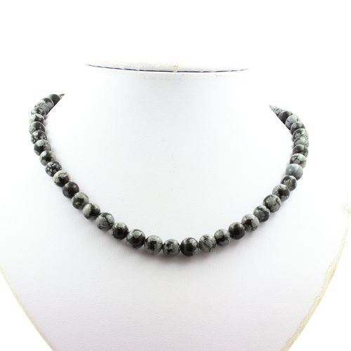 Collier Perles Obsidienne Flocon De Neige 8 Mm Chaine En Acier Inoxydable.