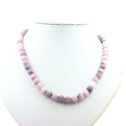 Collier Perles Mica Violet Mat 8 Mm Chaine En Acier Inoxydable.
