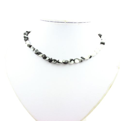 Collier Perles Jaspe Zèbre Du Brésil Chaine En Acier Inoxydable.