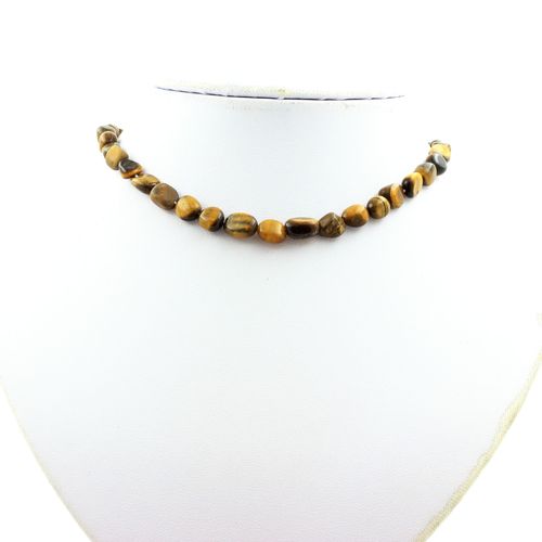 Collier Perles Oeil De Tigre D'afrique Du Sud Chaine En Acier Inoxydable.
