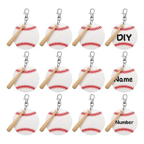 Kit Vierge De Porte-Clés En Acrylique De Baseball, 12 Lanks En Acrylique, 12 Mousquetons Pivotants Avec Porte-Clés, 12 Battes En Bois, Blanc